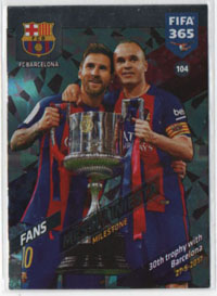 2018 Panini FIFA 365 MILESTONE #104. Lionel Messi / Iniesta (FC Barcelona)