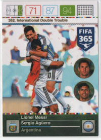 2016 Panini FIFA 365 INTERNATIONAL DOUBLE TROUBLE #362.  Lionel Messi - Aguero (Argentina)
