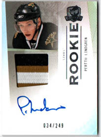 2009-10 UD The Cup JERSEY PATCH-AUTOGRAPH 034/249 Perttu Lindgren RC Stars #117