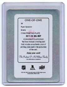 2017-18 MVP Ryan Spooner CYAN 1/1 PRINTING PLATE Bruins #36 - Image 3