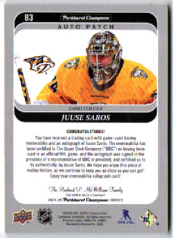 2023-24 Parkhurst AUTO - 3 Color PATCH 13/25 Juuse Saros (G) Predators #83 - Image 3