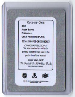 2024-25 O-Pee-Chee Hockey CYAN PRINTING PLATE 1of1 Juuse Saros (G) Predators #352 - Image 3