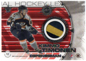 2000-01 Pacific Vanguard DUAL GAME WORN JERSEY PATCH 250/300 Tom Fitzgerald- Kimmo Timonen Predators #12
