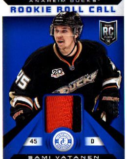 2013-14 Totally Certified Rookie Roll Call 2-Color JERSEY PRIME BLUE 42/50 Sami Vatanen RC Ducks #RR-SV
