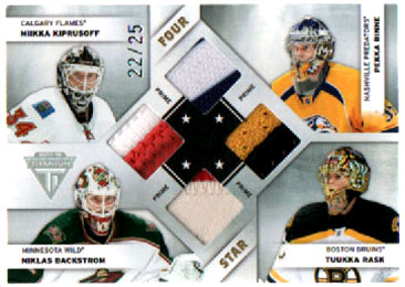 2011-12 Titanium Hockey FOUR STAR PRIME MEMORABILIA 22/25 Kiprusoff- Rinne- Backström- Rask #17