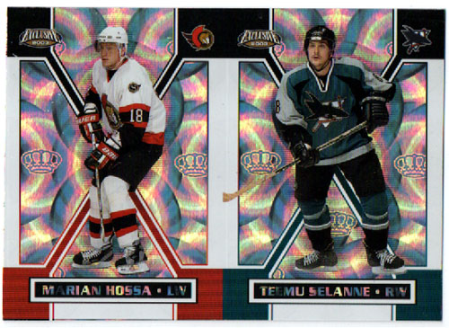 2002-03 Pacific EXCLUSIVE SILVER DOUBLE Un-CUT Teemu Selanne Sharks - Marian Hossa Senators #152 ja 122