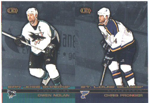 2002-03 Pacific Heads UP DOUBLE Un-CUT Owen Nolan Sharks - Chris Pronger Blues #109 ja 104