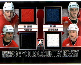 2013-14 ITG Decades 1990s For Your Country QUAD JERSEYS Black Lindros- Sakic- Coffey- Yzerman #FYCJ01
