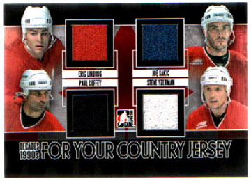 2013-14 ITG Decades 1990s For Your Country QUAD JERSEYS Black Lindros- Sakic- Coffey- Yzerman #FYCJ01